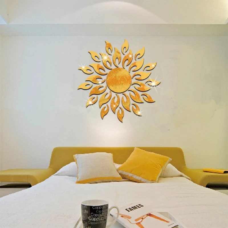 Pegatinas de Pared de 3D Sol Brillante Espejo Oro Calcomanías de Pared Desprendibles del Arte de la Moda de DIY de Doble Cara Decoración de Pared para Sala de Estar, Dormitorio, Hogar -27 Partes