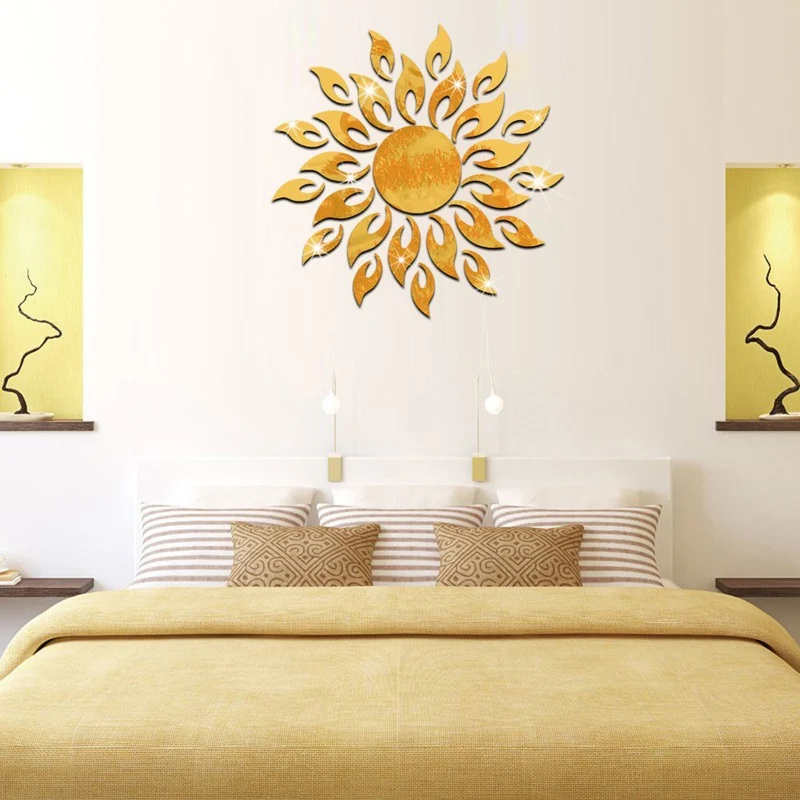 Pegatinas de Pared de 3D Sol Brillante Espejo Oro Calcomanías de Pared Desprendibles del Arte de la Moda de DIY de Doble Cara Decoración de Pared para Sala de Estar, Dormitorio, Hogar -27 Partes