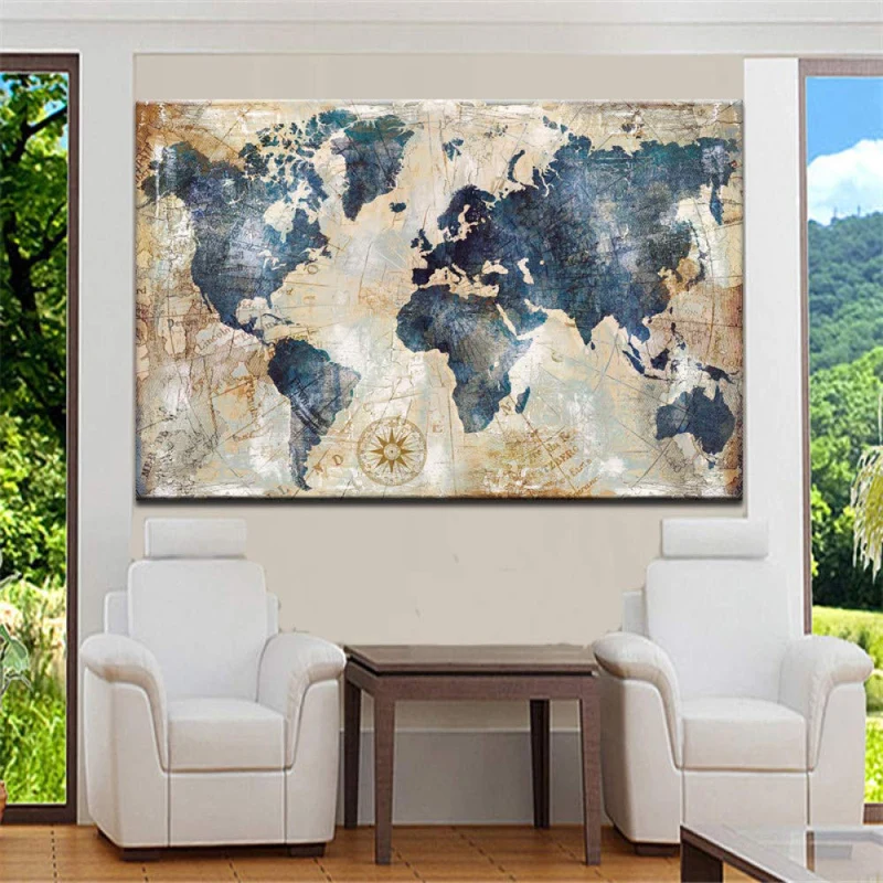 Impresión De Lienzo,Elegante Arte Abstracto Azul Del Mapa Del Mundo,Lienzo,Pintura,Arte De La Pared,Carteles,Impresiones Sin Marco,Imágenes,Sala De Estar,Decoración Del Hogar,70X100 Cm Sin Mar