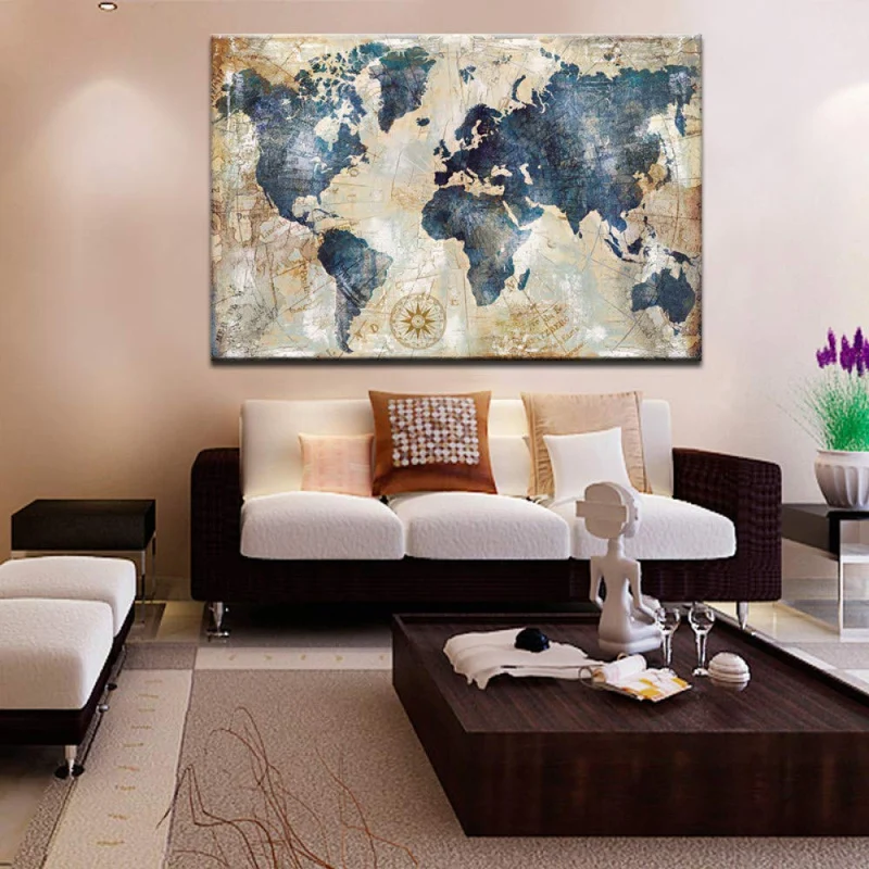 Impresión De Lienzo,Elegante Arte Abstracto Azul Del Mapa Del Mundo,Lienzo,Pintura,Arte De La Pared,Carteles,Impresiones Sin Marco,Imágenes,Sala De Estar,Decoración Del Hogar,70X100 Cm Sin Mar