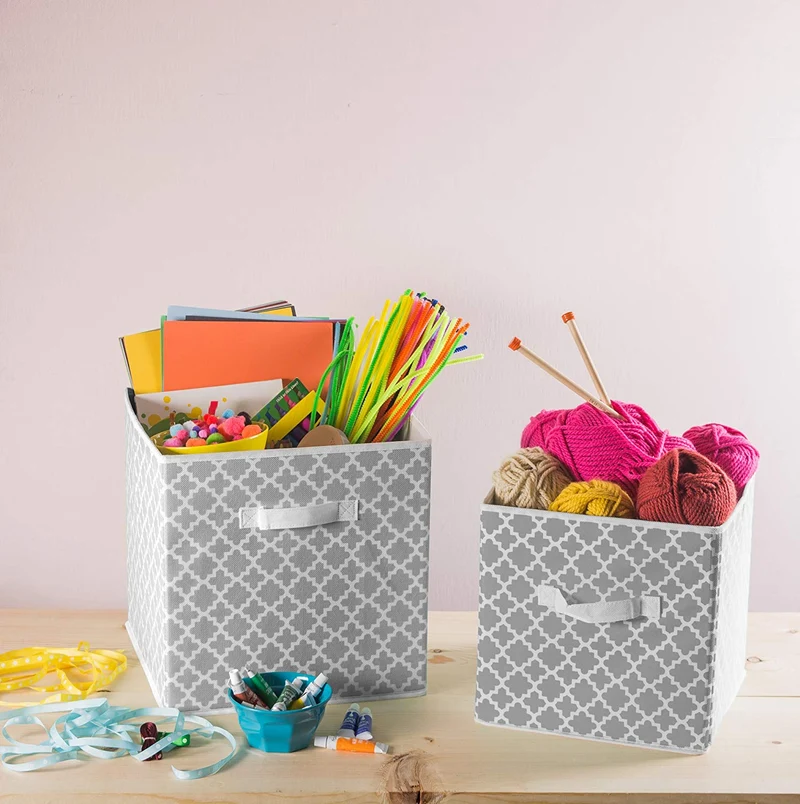 DII Contenedores plegables de tela para guarderías, oficinas, armarios, decoración del hogar, organizadores en cubo y necesidades de almacenamiento diarias, (grande, 27.9 x 27.9 x 27.9 cm), entramado gris, juego de 2, Set de 4, Gris (Lattice Gray), 1