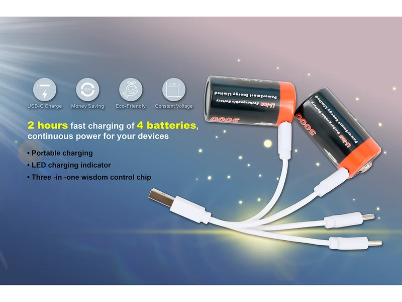 Wiederaufladbare USB-C-Batterien (4er-Pack) | 1,5 V Konstantspannung | 5000 mWh Li-Ion | Passend für LR14 Baby C