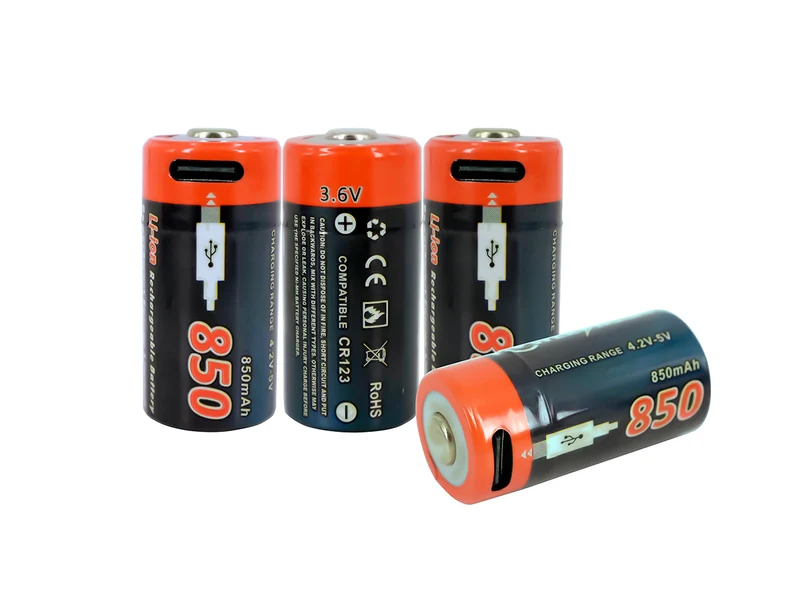 USB CR123 Lithium-Ionen-Akku, 4er-Pack, 3,6 V, 850 mAh, mit Typ-C-Anschluss