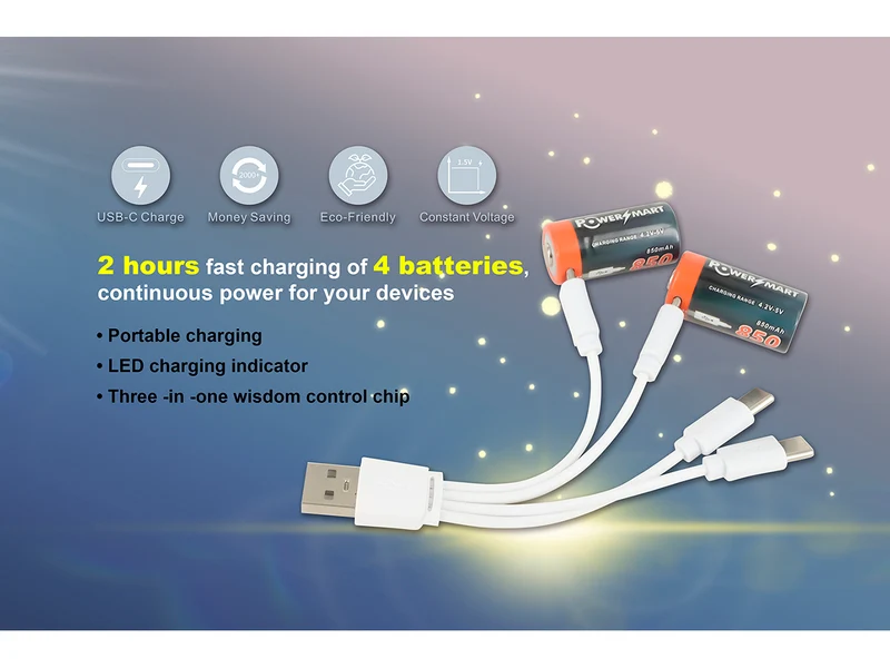 USB CR123 Lithium-Ionen-Akku, 4er-Pack, 3,6 V, 850 mAh, mit Typ-C-Anschluss