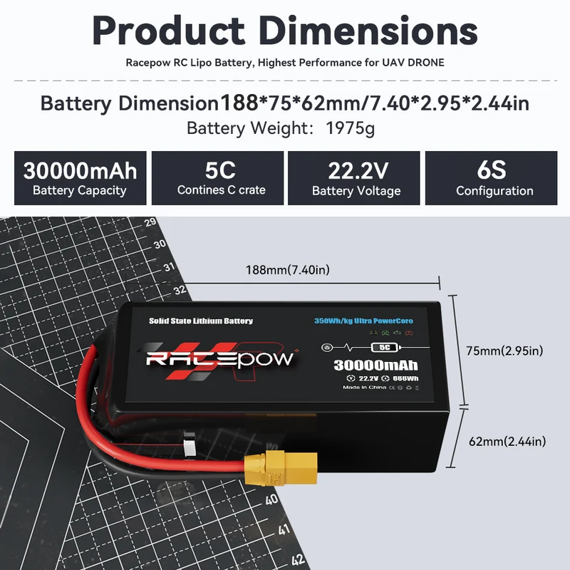 Batería semisólida de alta densidad energética de 350 Wh/kg, 30000 mAh, 22.2 V, 6S para drones multirrotor y VTOL de mapeo.