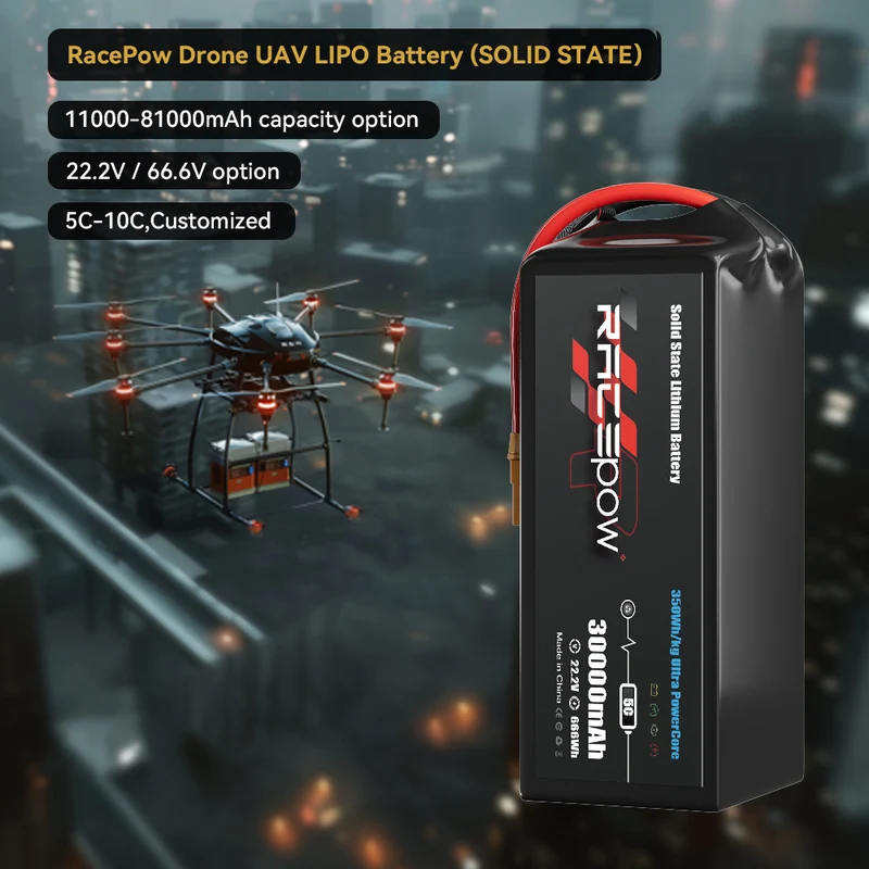 Batería semisólida de alta densidad energética de 350 Wh/kg, 30000 mAh, 22.2 V, 6S para drones multirrotor y VTOL de mapeo.