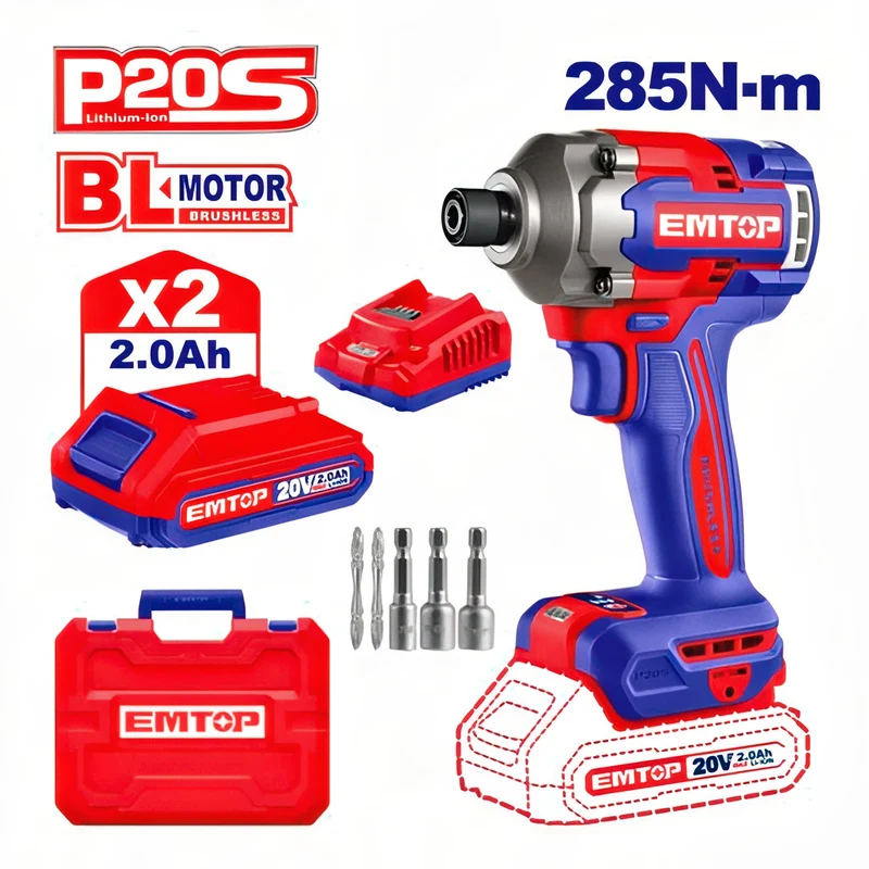 Atornillador de Impacto EMTOP ProSeries 285nm - Kit Completo 20V
