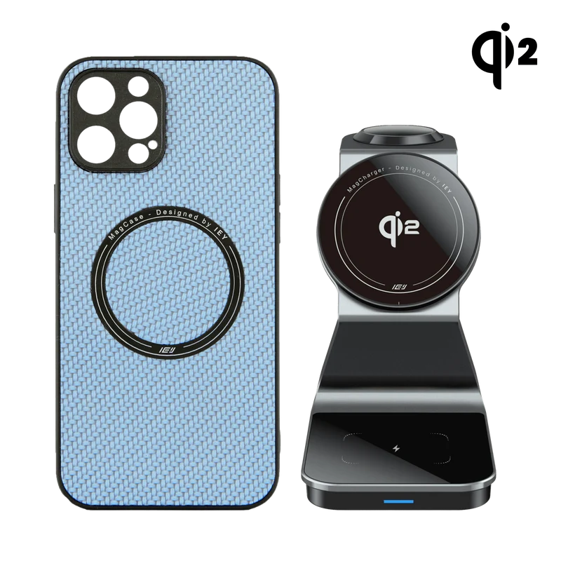 Combo MagSafe – Funda Carbon & Estación de Carga Inalámbrica 3 en 1 Qi2
