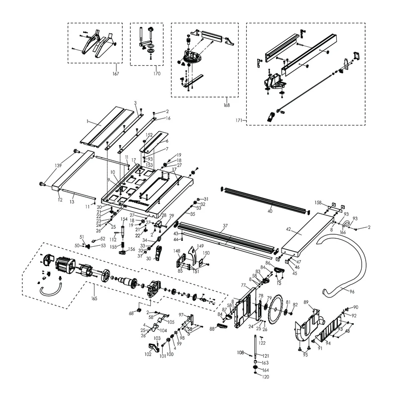 Evolution RAGE5-S Table Saw Spare Parts (Table and Motor Sections)