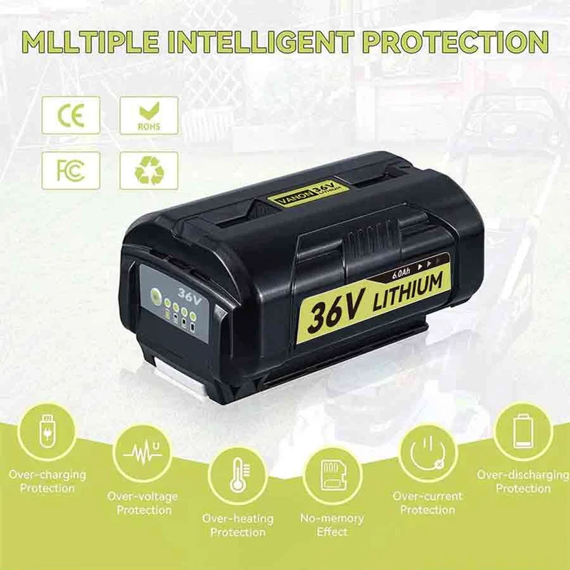 Für Ryobi 36V Akku 6.0Ah Ersatz | OP3626 Lithium-Ionen-Akku mit LED-Anzeige