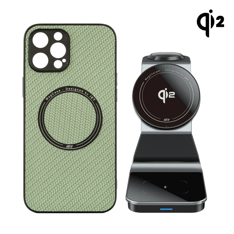 Combo MagSafe – Funda Carbon & Estación de Carga Inalámbrica 3 en 1 Qi2