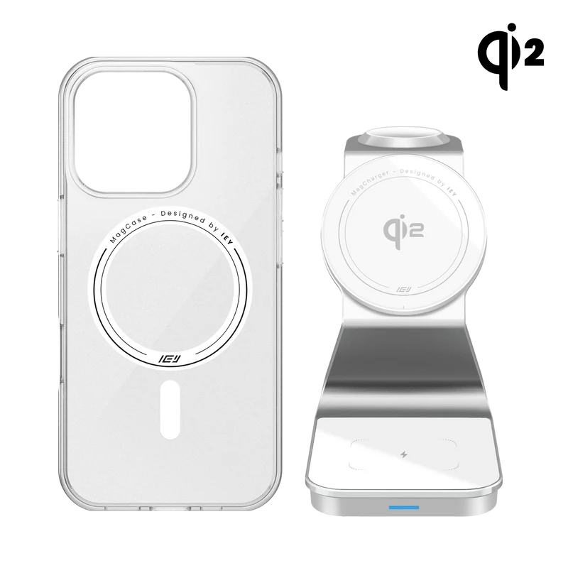 Combo MagSafe – Funda Transparente & Estación de Carga Inalámbrica 3 en 1 Qi2