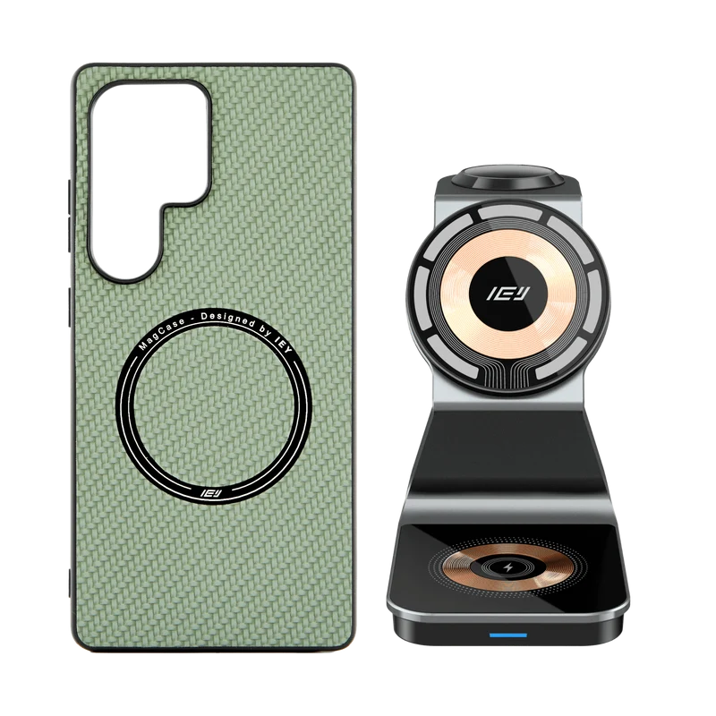 Combo MagSafe Samsung – Funda Carbon & Estación de Carga Inalámbrica 3 en 1