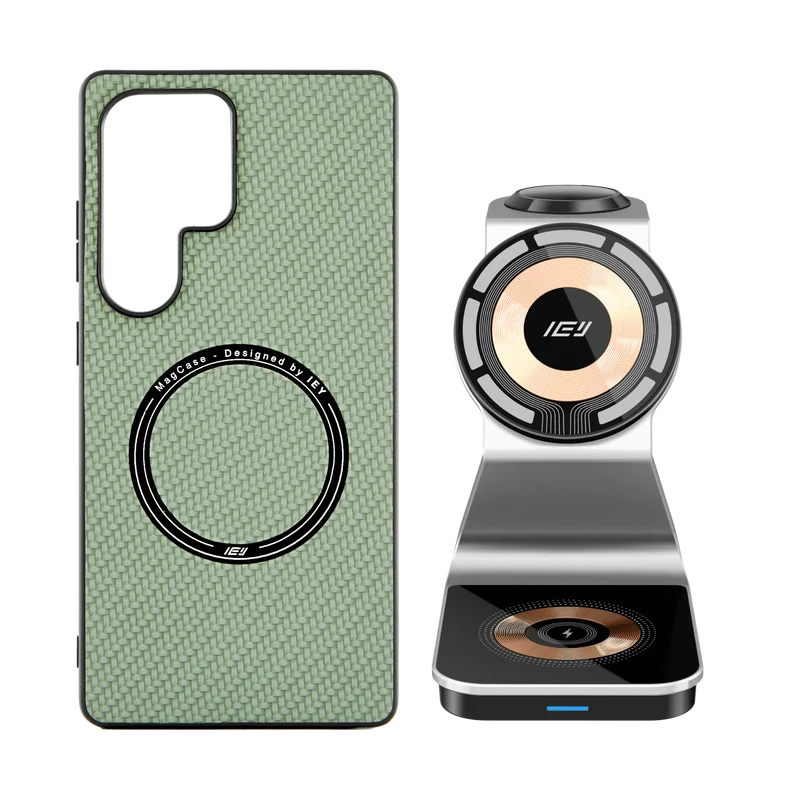 Combo MagSafe Samsung – Funda Carbon & Estación de Carga Inalámbrica 3 en 1