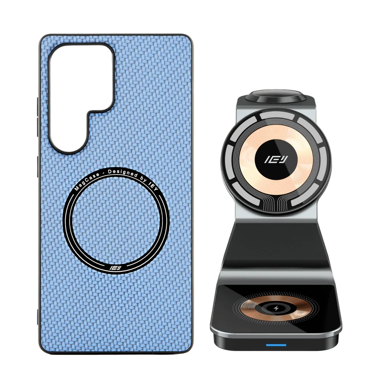 Combo MagSafe Samsung – Funda Carbon & Estación de Carga Inalámbrica 3 en 1