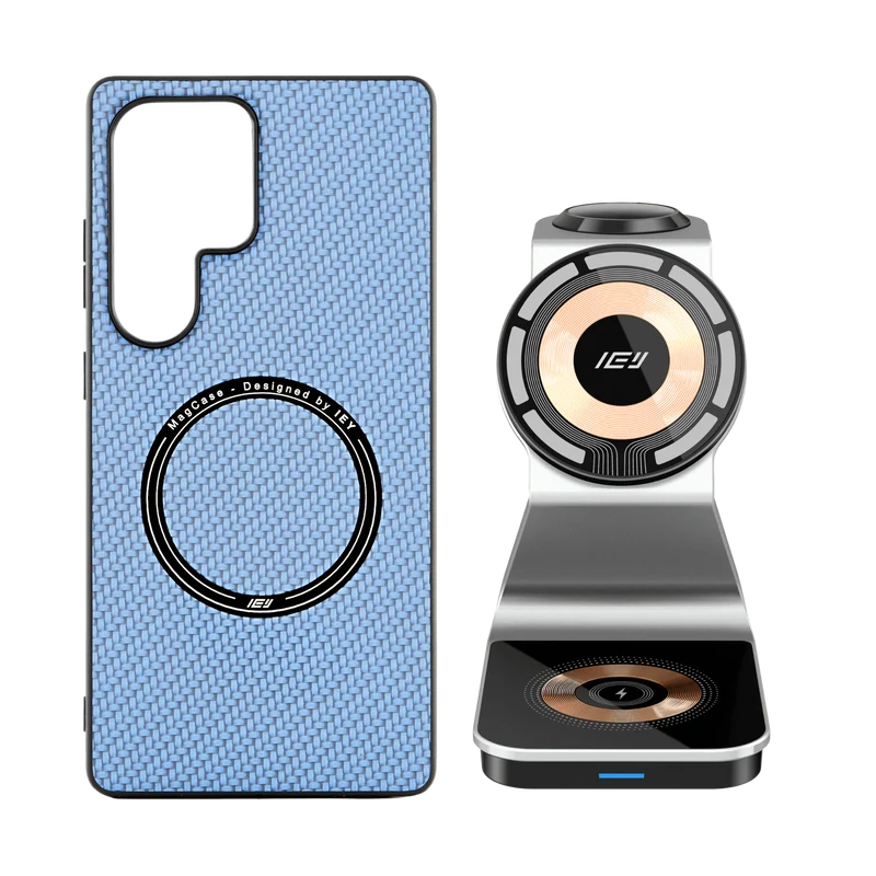 Combo MagSafe Samsung – Funda Carbon & Estación de Carga Inalámbrica 3 en 1