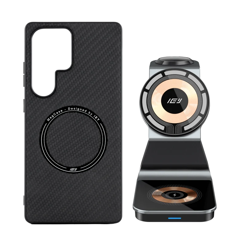Combo MagSafe Samsung – Funda Carbon & Estación de Carga Inalámbrica 3 en 1