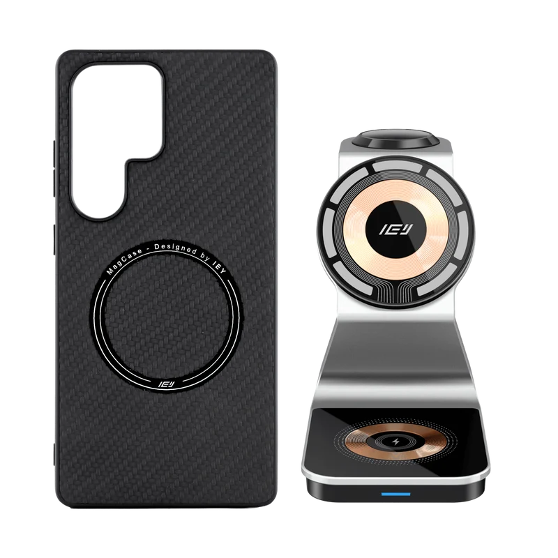 Combo MagSafe Samsung – Funda Carbon & Estación de Carga Inalámbrica 3 en 1