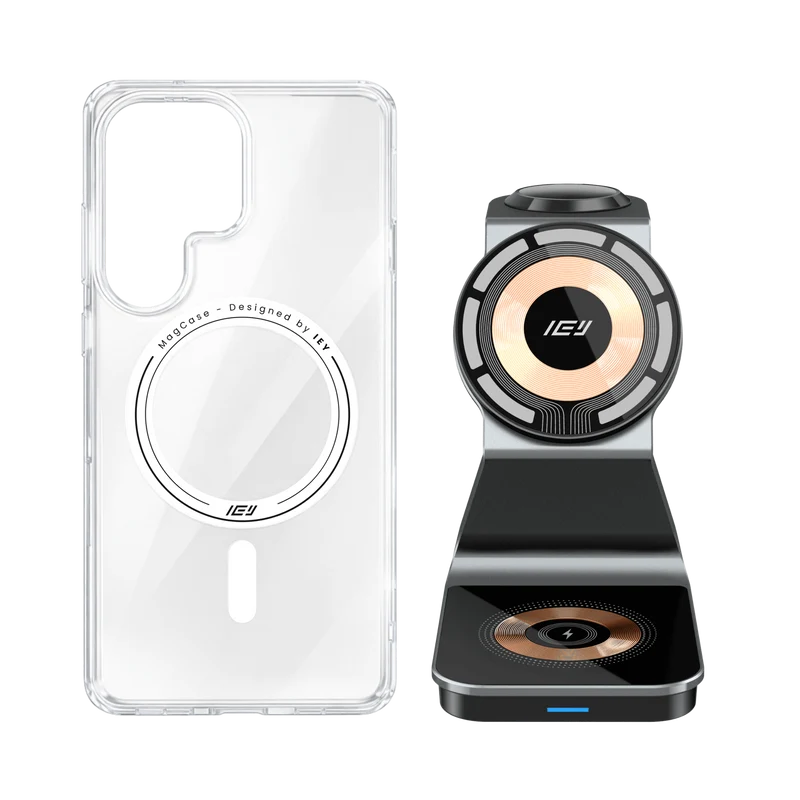 Combo MagSafe Samsung – Funda Transparente & Estación de Carga Inalámbrica 3 en 1