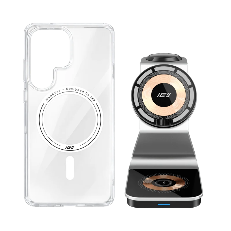 Combo MagSafe Samsung – Funda Transparente & Estación de Carga Inalámbrica 3 en 1