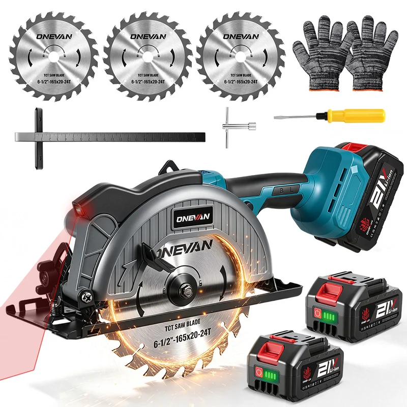 ONEVAN 165mm 6.5 Inch Cordless Brushless Circular Saw with Laser Guide & Digital Display