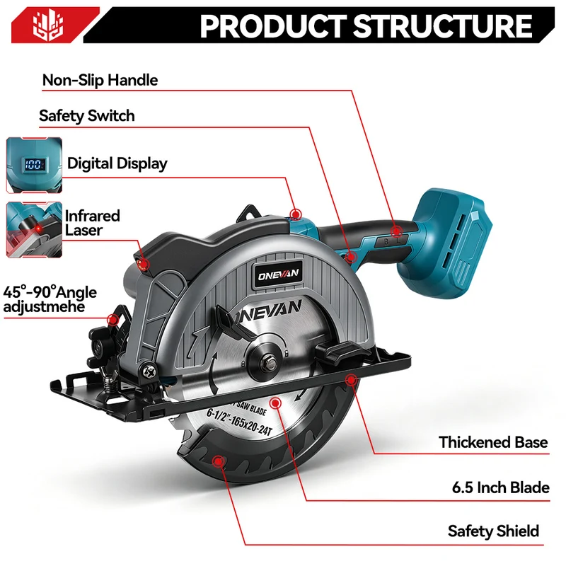 ONEVAN 165mm 6.5 Inch Cordless Brushless Circular Saw with Laser Guide & Digital Display