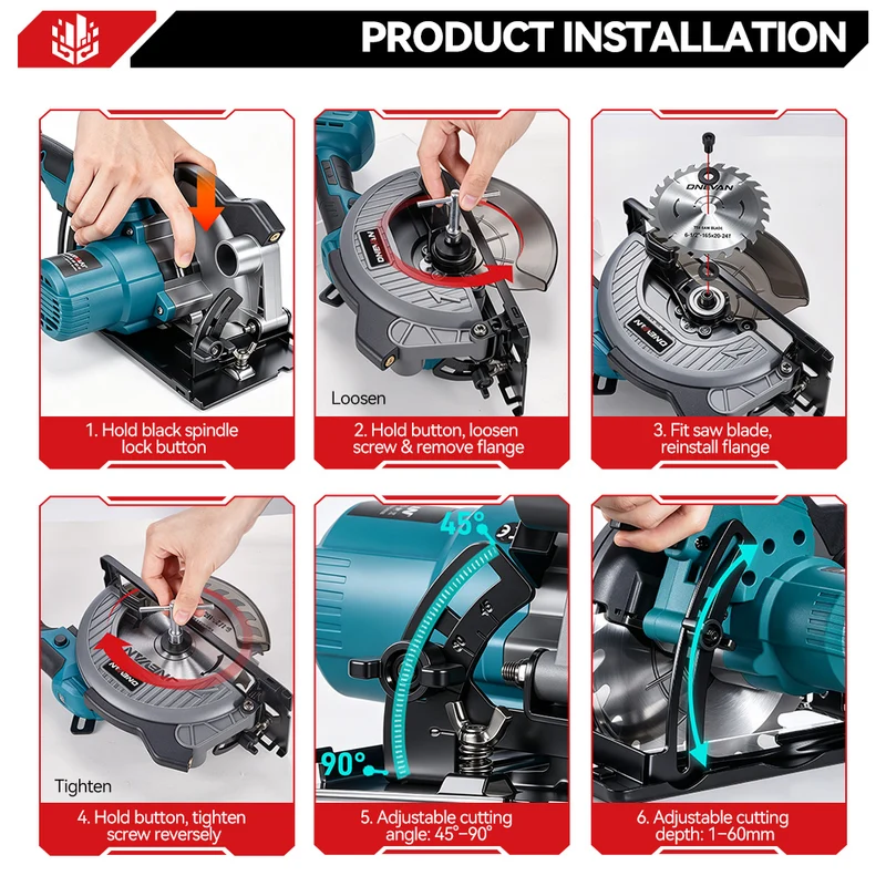 ONEVAN 165mm 6.5 Inch Cordless Brushless Circular Saw with Laser Guide & Digital Display