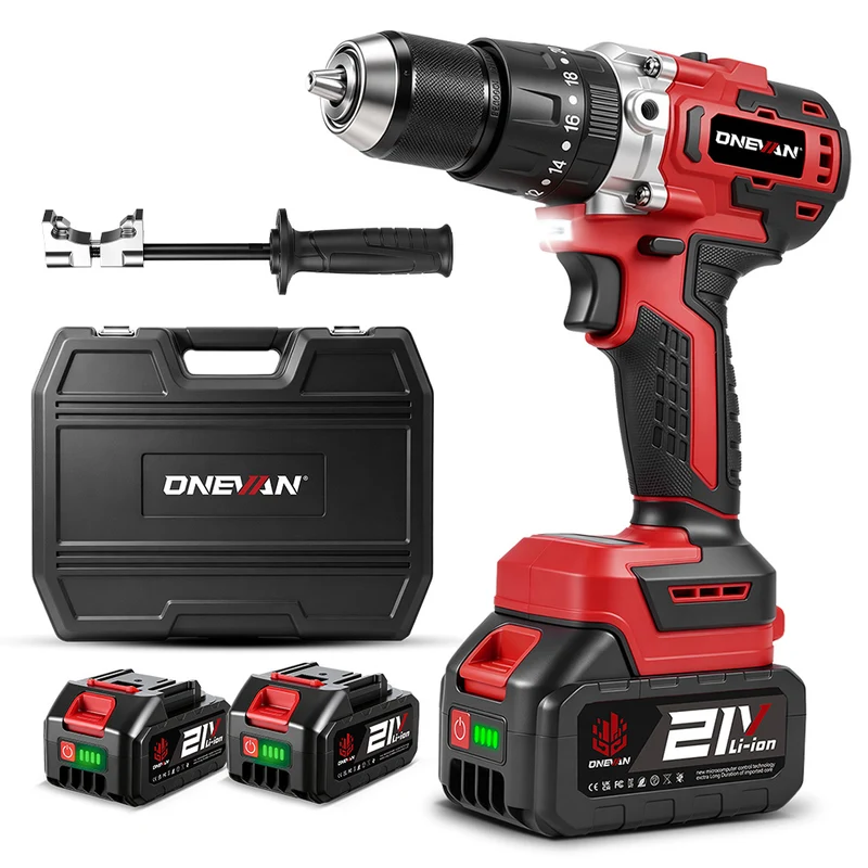 ONEVAN 13mm Brushless Impact Drill Kit with Auxiliary Handle, Anti-Kickback, 2-Speed & 20+1 Clutch Settings