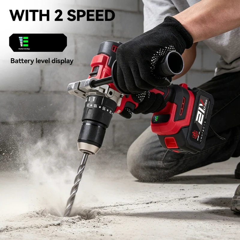 ONEVAN 13mm Brushless Impact Drill Kit with Auxiliary Handle, Anti-Kickback, 2-Speed & 20+1 Clutch Settings