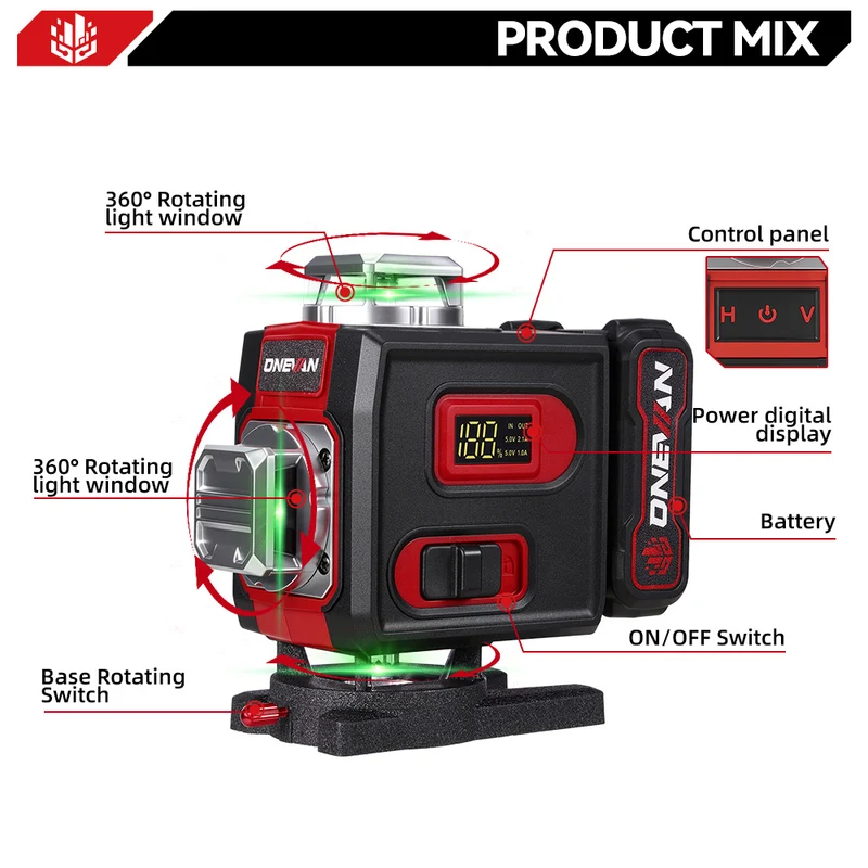ONEVAN LK-822 Pro 16-Line 4D Laser Level | Metal Base & Lifting Platform | 1M Tripod Included