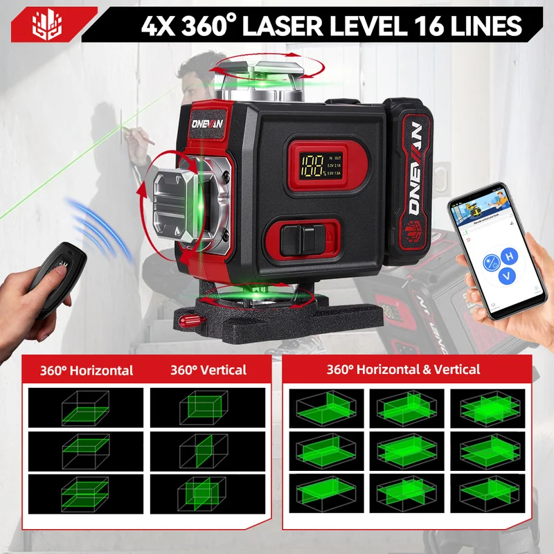 ONEVAN LK-822 Pro 16-Line 4D Laser Level | Metal Base & Lifting Platform | 1M Tripod Included