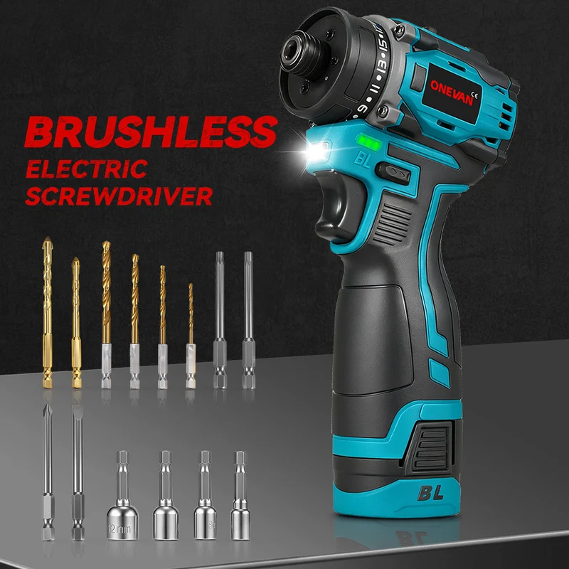 ONEVAN 16.8V Cordless Brushless Screwdriver Kit, 21+2 Torque Settings, 14-Piece Accessory Set
