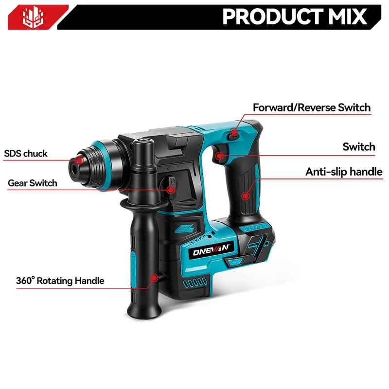 ONEVAN 24mm Brushless Rotary Hammer Drill - Concrete & Wood Drilling | For Makita 18V Battery
