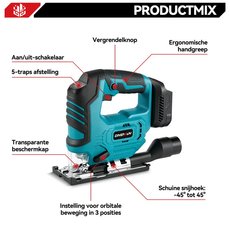 ONEVAN 135mm Brushless Cordless Jigsaw ±45 ° Bevel Capacity | For Makita 18V Battery
