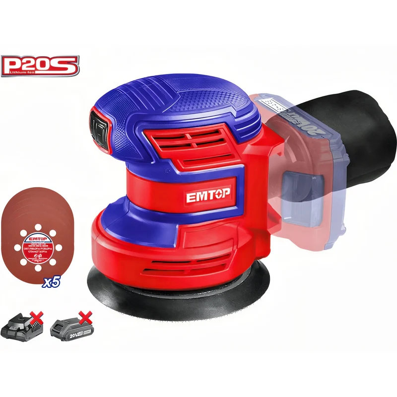 EMTOP FlexiDisc 20V - Lijadora Orbital Inalámbrica con Kit de Lijas