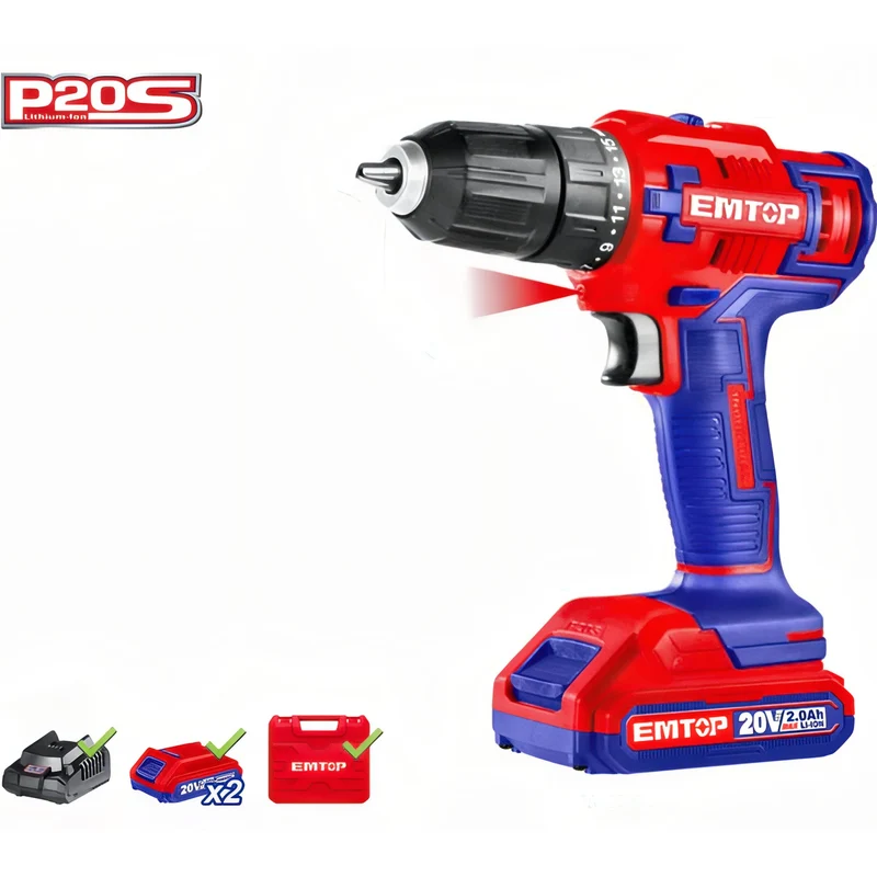 EMTOP Pro-Drill 20V Max Power 45nm - Kit de Taladro Inalámbrico con 2 Baterías y Maletín