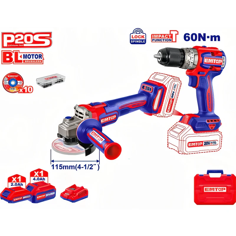 Combo Pro EMTOP Master Drill & Grinder - Serie 20V de Alto Rendimiento