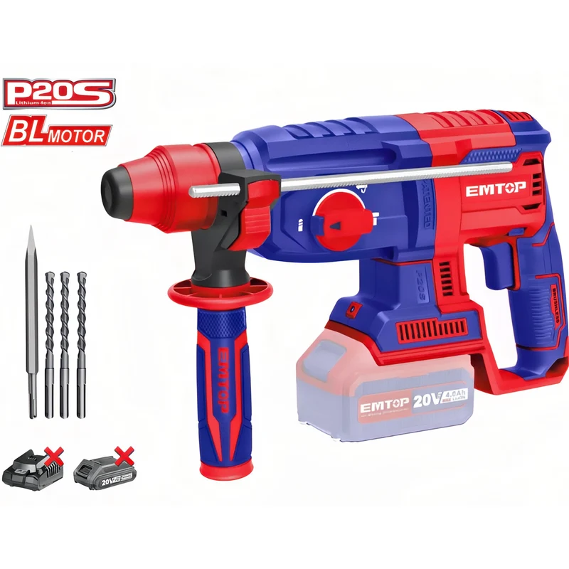 EMTOP XtremeForce 20V - Kit Pro Martillo Perforador Inalámbrico SDS Plus con Accesorios