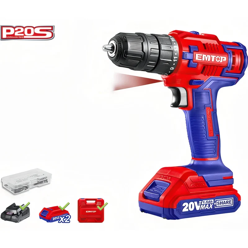 EMTOP DrillMax 20V MaxPro - Taladro Inalámbrico con Maletín Dual+