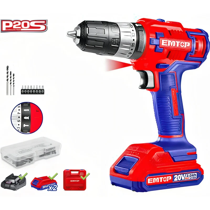 Emtop DrillMaster Extreme 20V - Kit de Taladro Percutor Inalámbrico de Alto Rendimiento