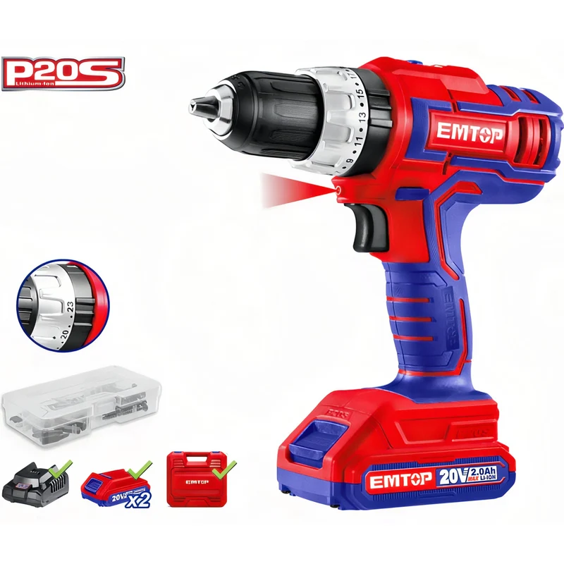 EMTOP MasterDrill Pro 20V - Kit Avanzado de Taladro Percutor Inalámbrico con Doble Batería