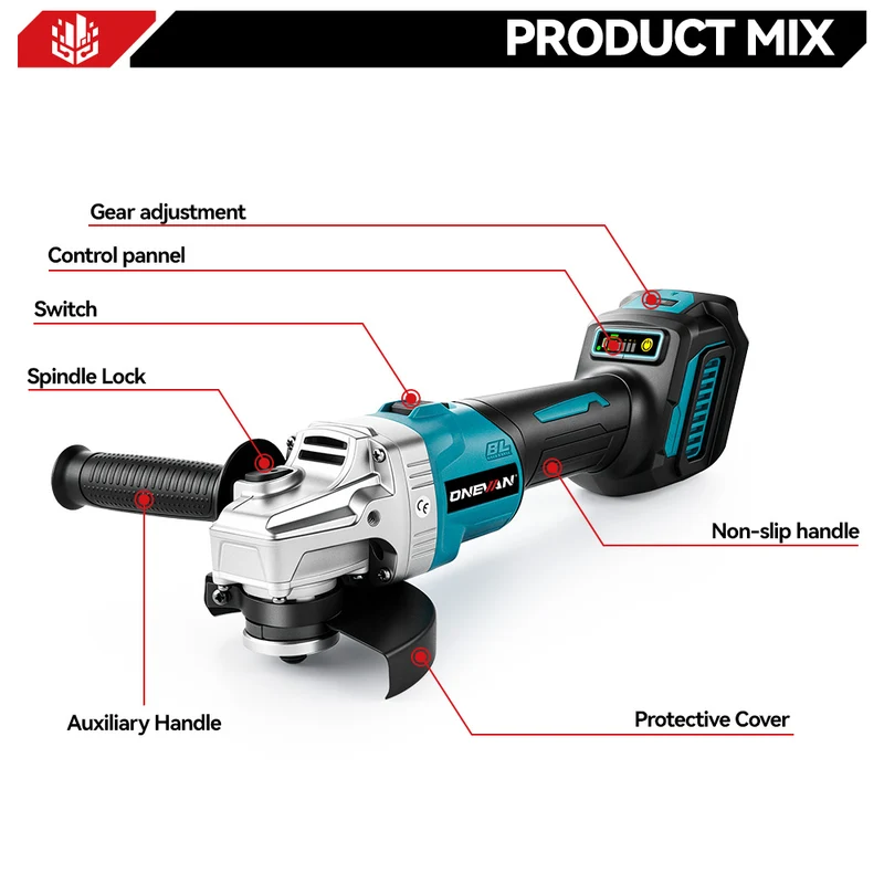 ONEVAN 125mm Brushless Cordless Angle Grinder 6 Gears | For Makita 18V Battery