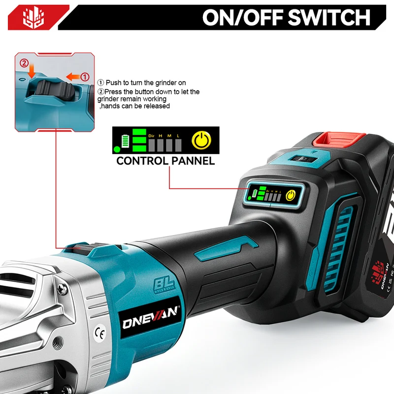 ONEVAN 125mm Brushless Cordless Angle Grinder 6 Gears | For Makita 18V Battery