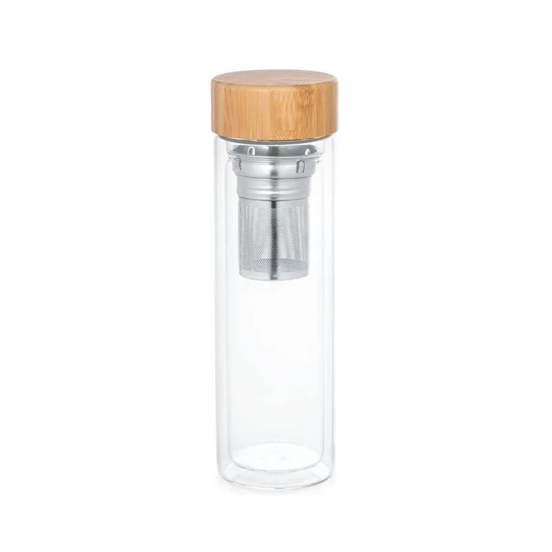 Botella Termo con Filtro Para Té e Infusiones 500ml de Vidrio Doble - con Tapa de Bambú Hermética, Infusor de Acero Inoxidabl