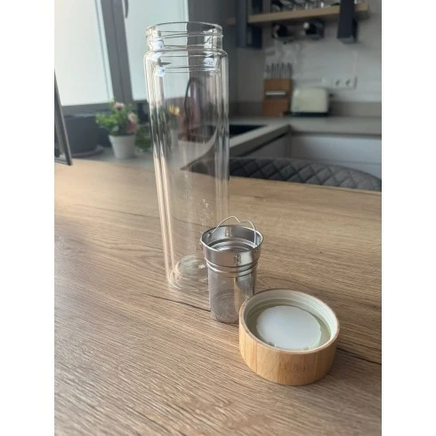 Botella Termo con Filtro Para Té e Infusiones 500ml de Vidrio Doble - con Tapa de Bambú Hermética, Infusor de Acero Inoxidabl