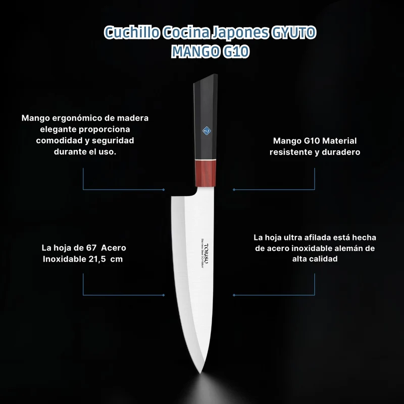 Cuchillo Cocina Profesional TOKYSU - Cuchillos Cocina Japones GYUTO de Acero Inoxidable de 67 capas 21,5 cm- Mango G10