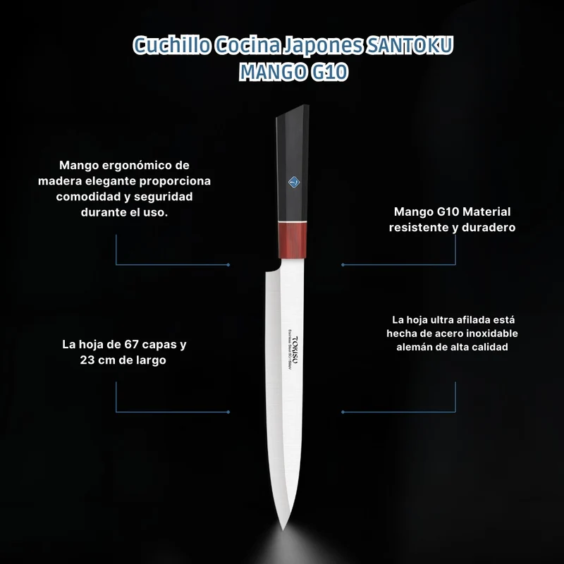 Cuchillo Cocina Profesional TOKYSU - Cuchillos Cocina Japones YANAGIBA de Acero Inoxidable de 67 capas 23 cm- Mango G10