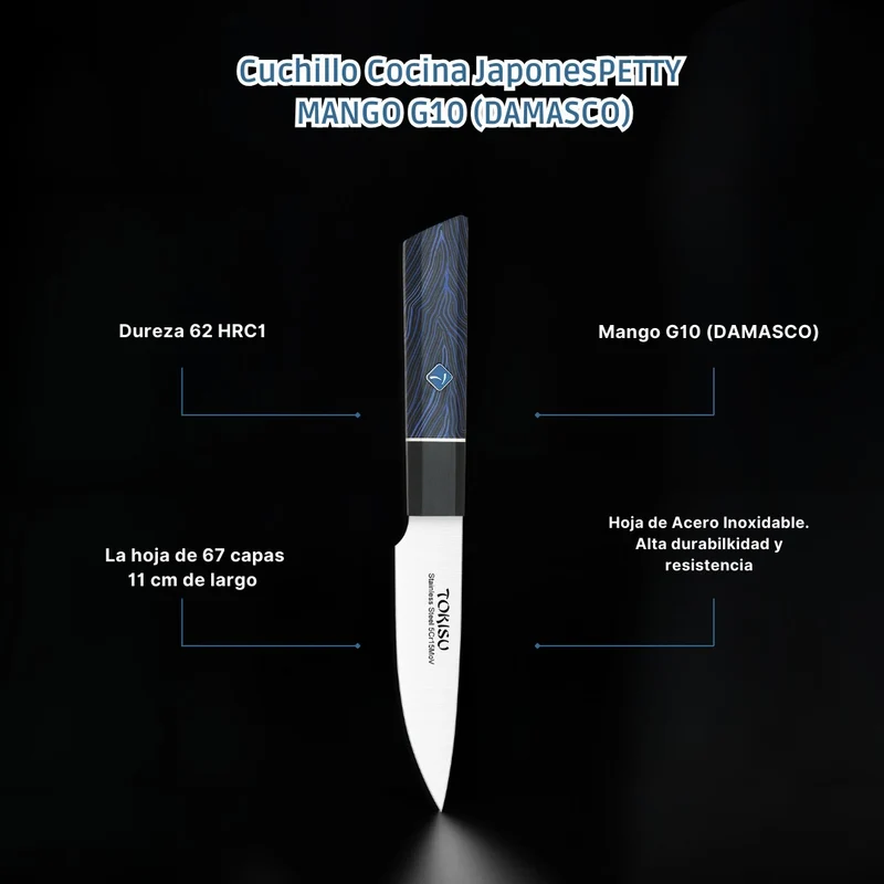 Cuchillo Cocina Profesional TOKYSU - Cuchillos Cocina Japones PETTY de Acero Inoxidable de 67 capas 11 cm - Mango G10 DAMASCO