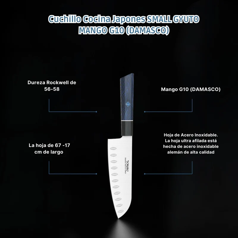 Cuchillo Cocina Profesional TOKYSU - Cuchillos Cocina Japones SANTOKU de Acero Inoxidable de 67 capas 17 cm - Mango G10 DAMASCO