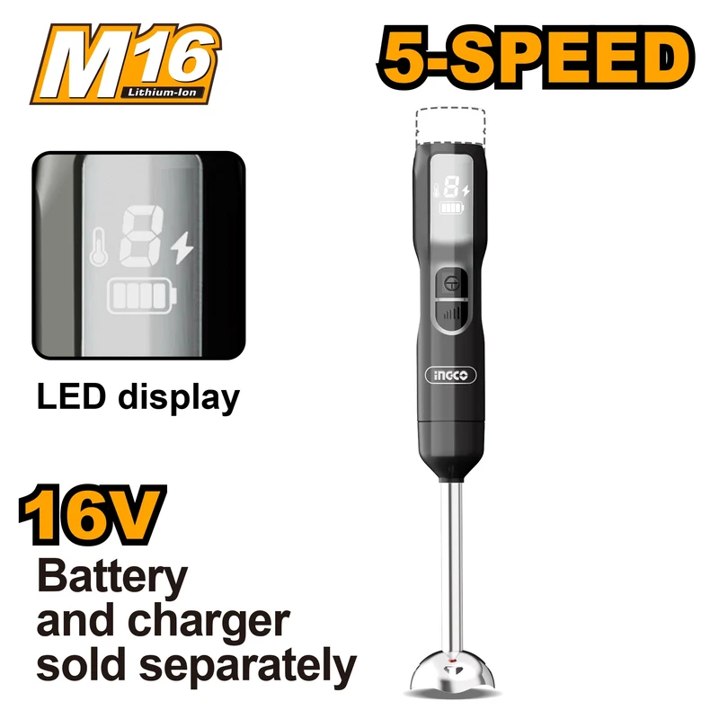 INGCO Hand Blender 100W, Cordless 16V, 5-Speed, Stainless Steel Shaft & Blades